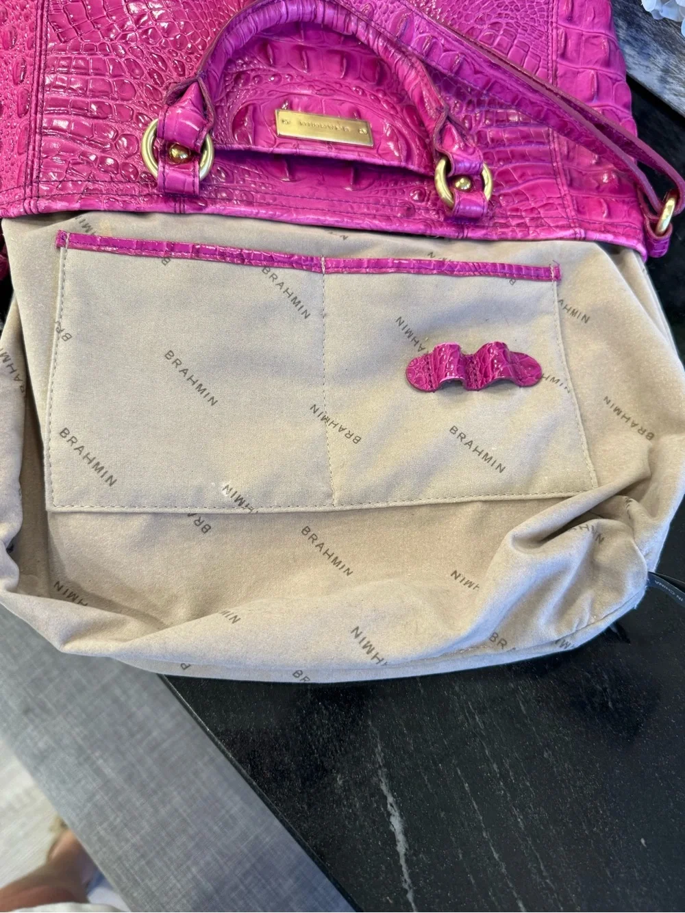 🩷🐊Brahmin Mini Asher Satchel Fuchsia Croc Embossed Leather Crossbody Pink